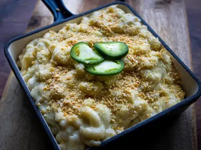 Close up of a dish of jalapeno mac and cheese