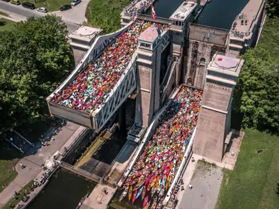 Lock 21, Peterborough Lift Lock, full of multicoloured canoes and kayaks.